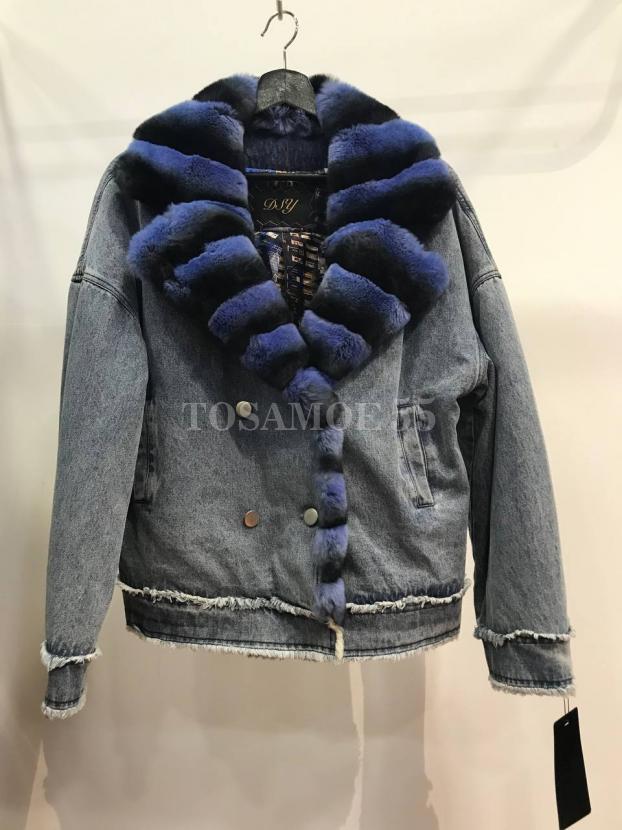 Короткая джинсовая парка с мехом кролика рекс фото №3